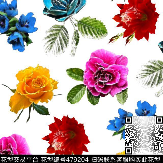 热带玫瑰鲜艳数码印花花型下载（图片编号: 479204） - 瓦栏（Walan）