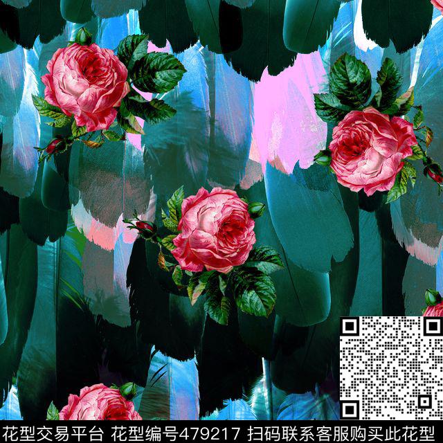 时尚羽毛玫瑰数码印花花型下载（图片编号: 479217） - 瓦栏（Walan）