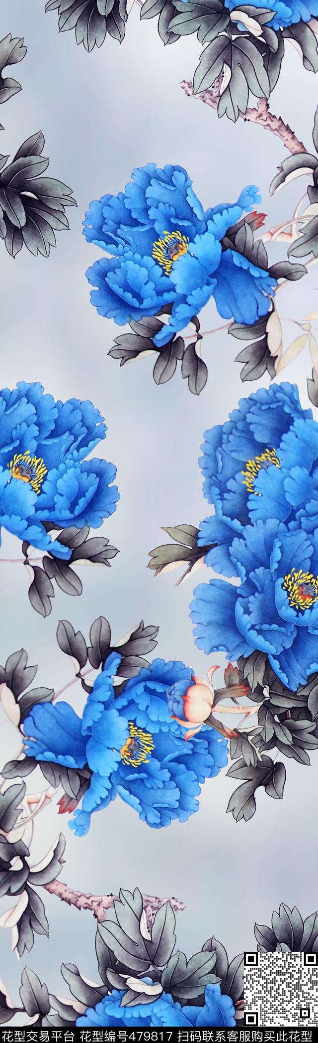 手绘水墨工笔数码印花花型下载（图片编号: 479817） - 瓦栏（Walan）