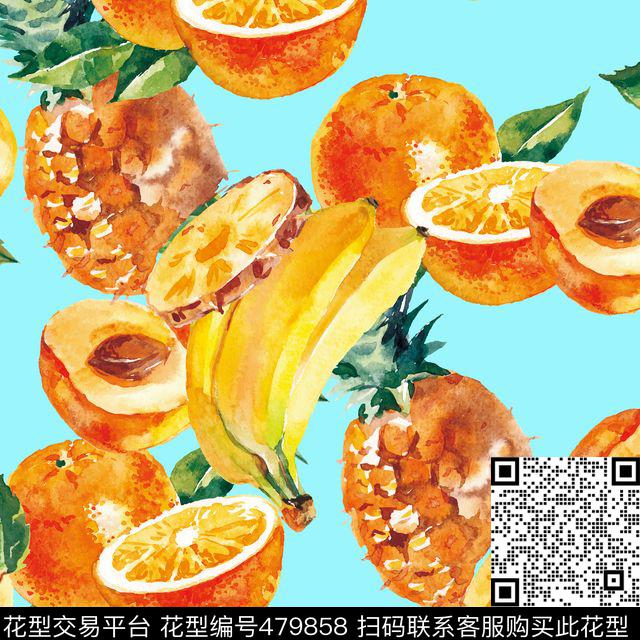 时尚手绘蓝底数码印花花型下载（图片编号: 479858） - 瓦栏（Walan）