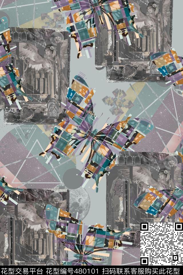 时尚水墨蝴蝶数码印花花型下载（图片编号: 480101） - 瓦栏（Walan）