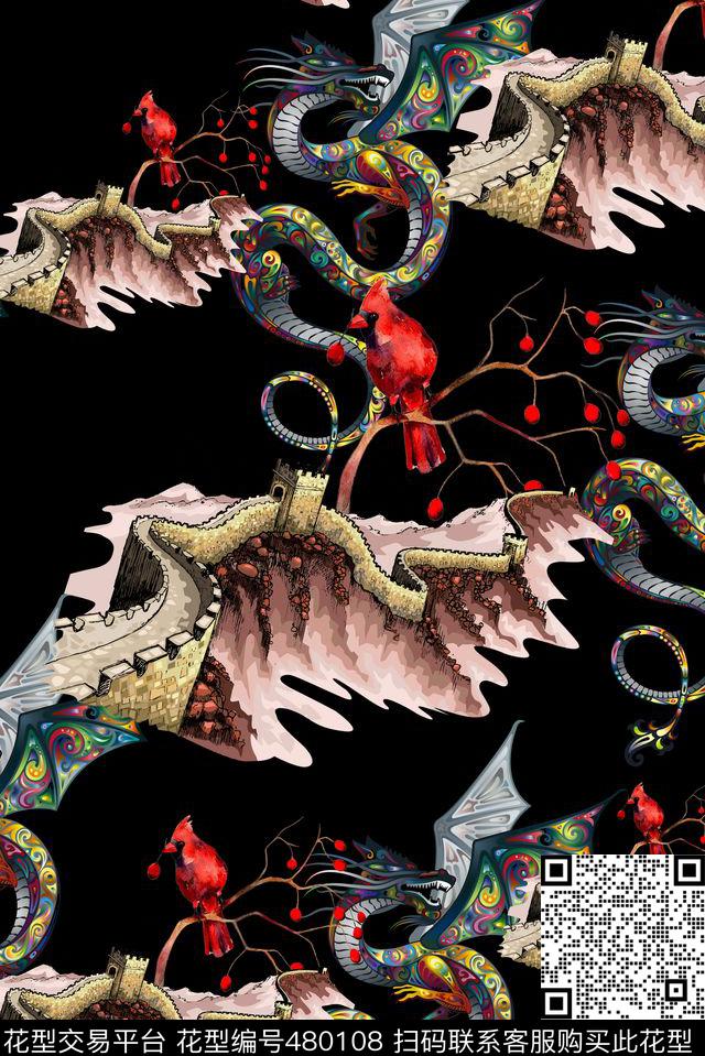 长城龙中国风数码印花花型下载（图片编号: 480108） - 瓦栏（Walan）