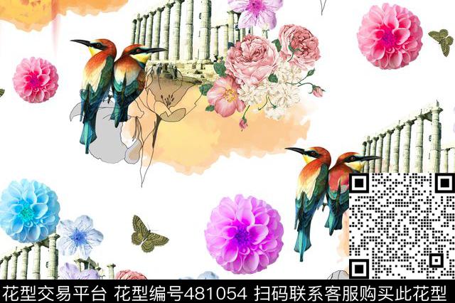 花卉建筑鸟家纺面料沙发面料小清新数码印花花型下载（图片编号: 481054） - 瓦栏（Walan）