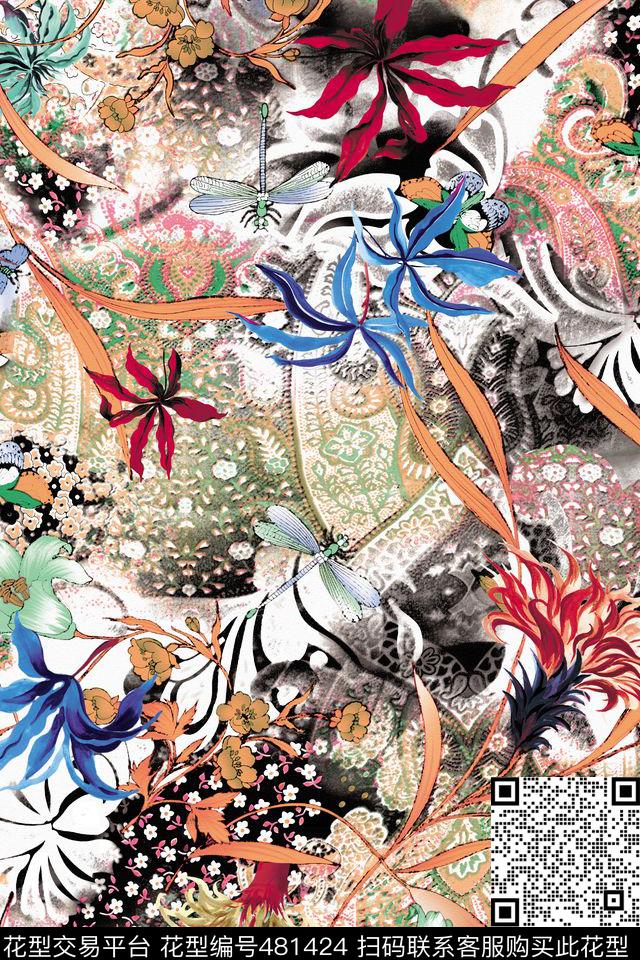 佩斯利花纹蜻蜓花朵数码印花花型下载（图片编号: 481424） - 瓦栏（Walan）