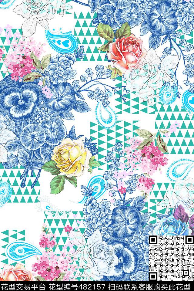 玫瑰欧式佩斯利数码印花花型下载（图片编号: 482157） - 瓦栏（Walan）