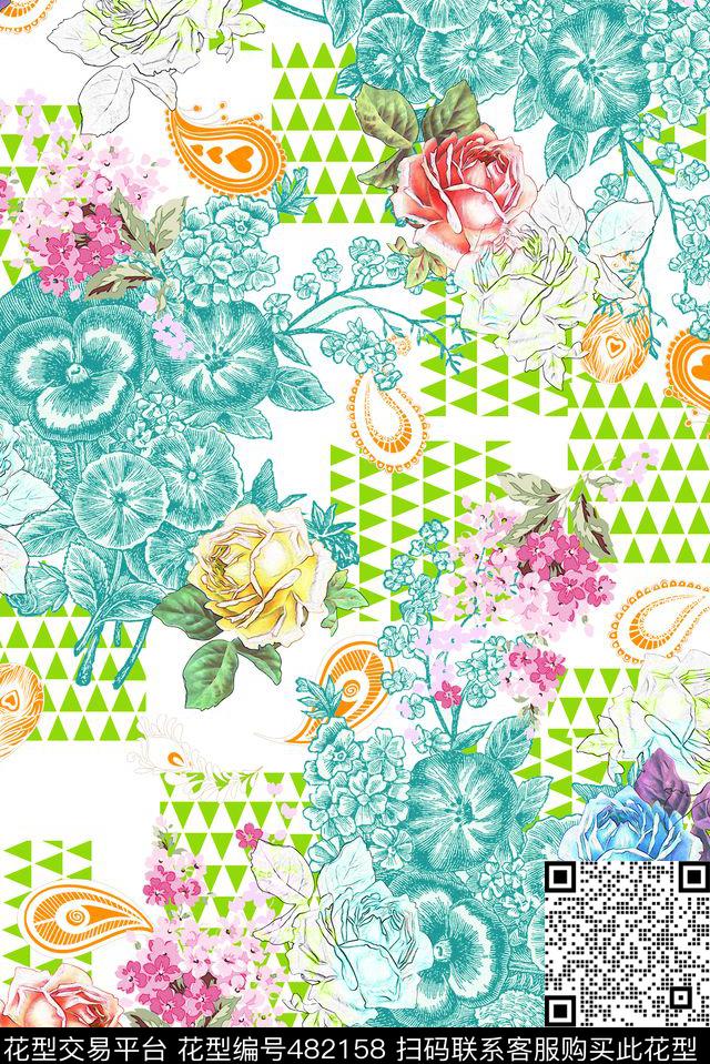 玫瑰欧式佩斯利数码印花花型下载（图片编号: 482158） - 瓦栏（Walan）