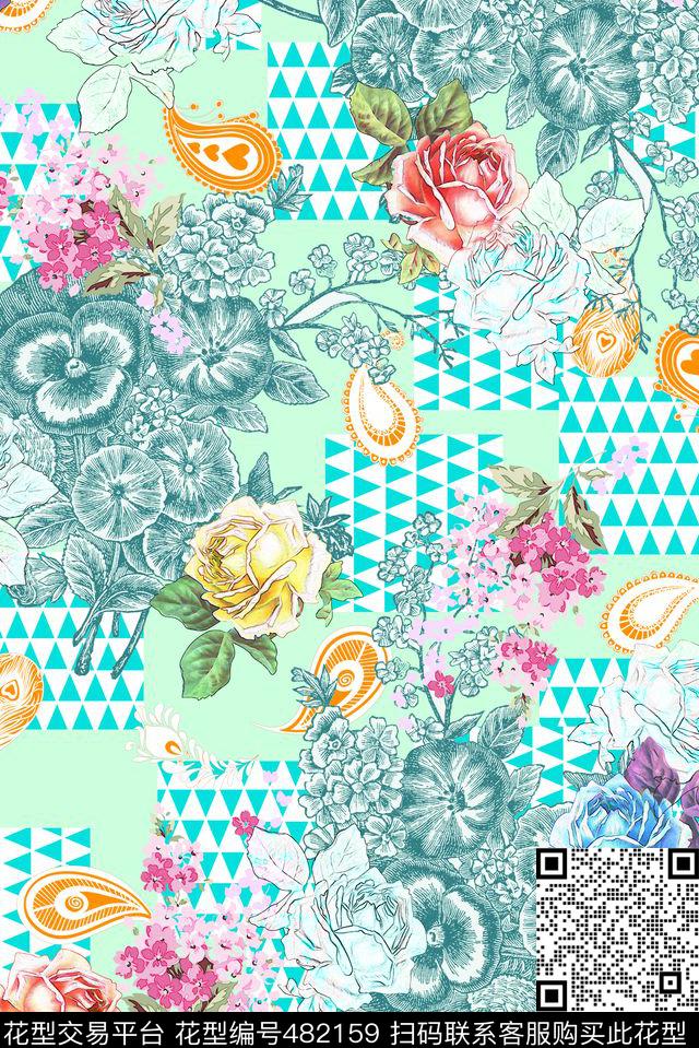玫瑰欧式佩斯利数码印花花型下载（图片编号: 482159） - 瓦栏（Walan）