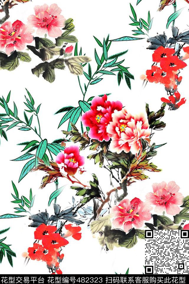 中国风花卉纯色底数码印花花型下载（图片编号: 482323） - 瓦栏（Walan）