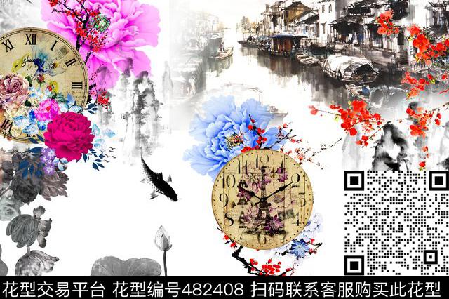 中国风水墨画花卉沙发面料窗帘数码印花花型下载（图片编号: 482408） - 瓦栏（Walan）