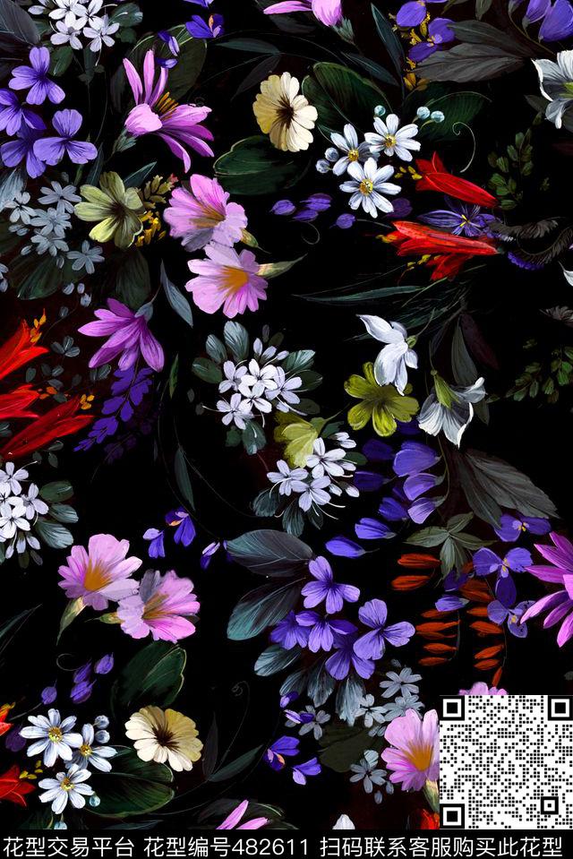 花卉 - 482611 - 花卉 手绘 田园 - 数码印花花型 － 女装花型设计 － 瓦栏