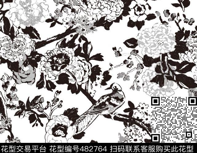 抽象花鸟黑灰数码印花花型下载（图片编号: 482764） - 瓦栏（Walan）
