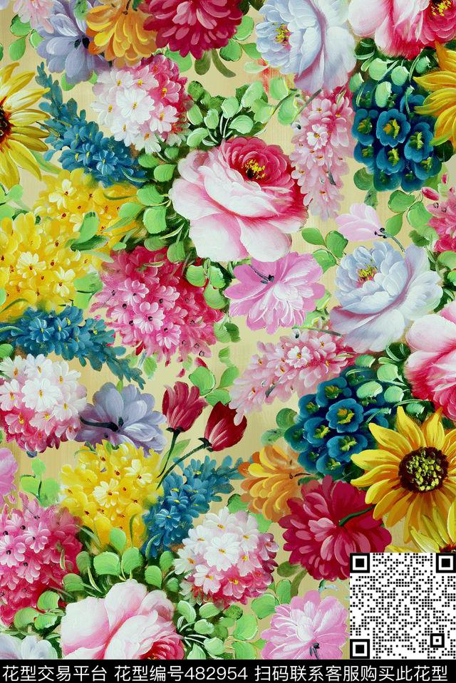 油画家纺 - 482954 - 富贵 花卉 家纺 - 数码印花花型 － 床品花型设计 － 瓦栏