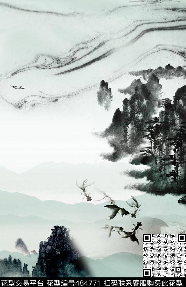 山水水墨意境传统印花花型下载（图片编号: 484771） - 瓦栏（Walan）