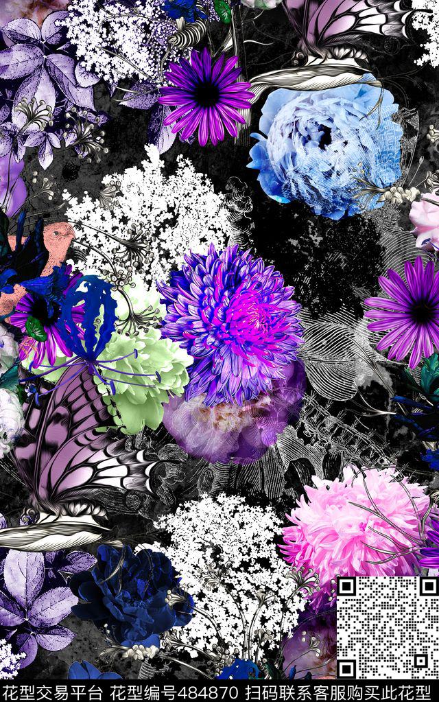流行时尚抽象花卉大牌女装数码印花花型下载（图片编号: 484870） - 瓦栏（Walan）