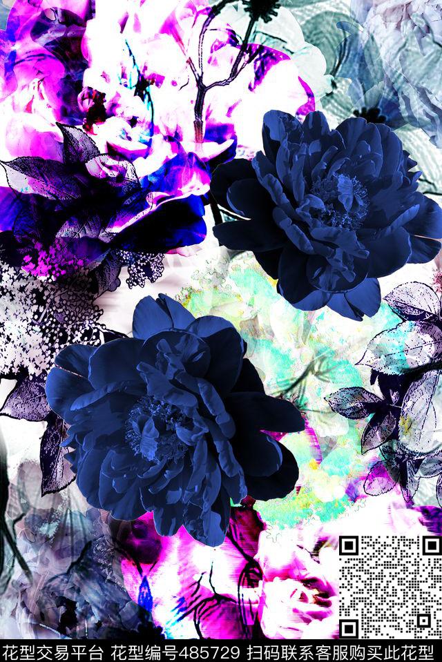 抽象花卉女士休闲装围巾数码印花花型下载（图片编号: 485729） - 瓦栏（Walan）