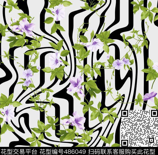 潮流时尚流动条纹手绘花卉数码印花花型下载（图片编号: 486049） - 瓦栏（Walan）