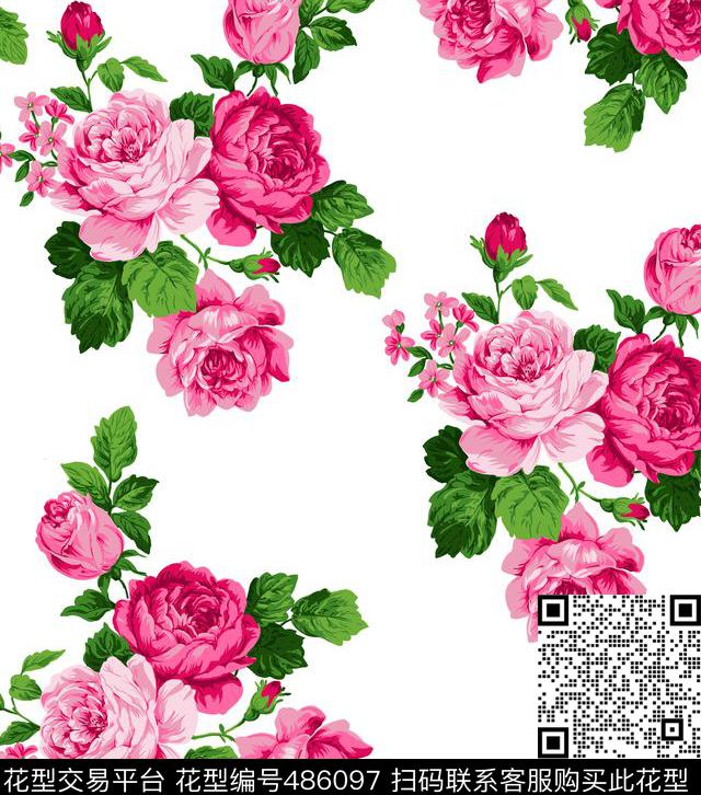 传统印花花卉叶子花卉数码印花花型下载（图片编号: 486097） - 瓦栏（Walan）