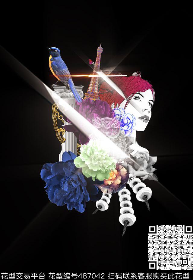 抽象独幅女装花卉人物画建筑数码印花花型下载（图片编号: 487042） - 瓦栏（Walan）