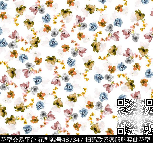 花卉手绘水彩画数码印花花型下载（图片编号: 487347） - 瓦栏（Walan）