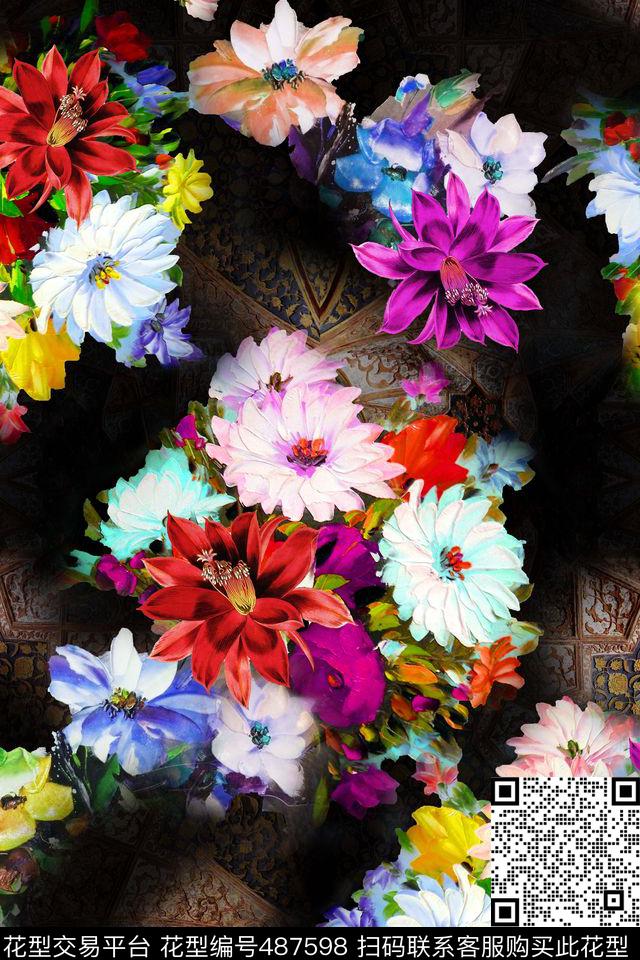 散花花卉民族风底纹数码印花花型下载（图片编号: 487598） - 瓦栏（Walan）