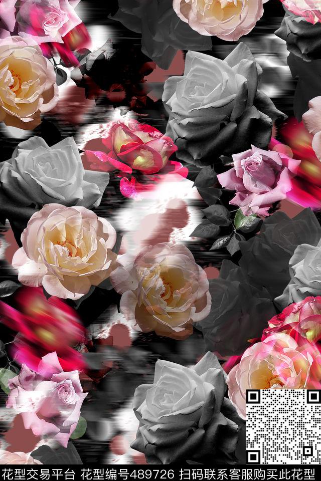 抽象玫瑰花女装秋冬装数码印花花型下载（图片编号: 489726） - 瓦栏（Walan）