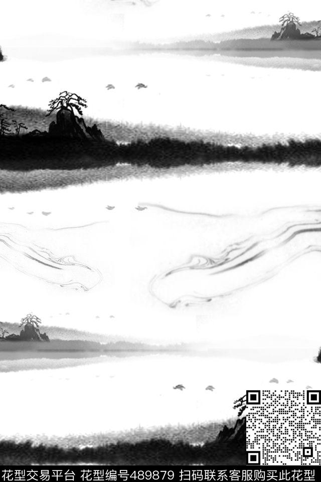 中国风水墨风景民族数码印花花型下载（图片编号: 489879） - 瓦栏（Walan）