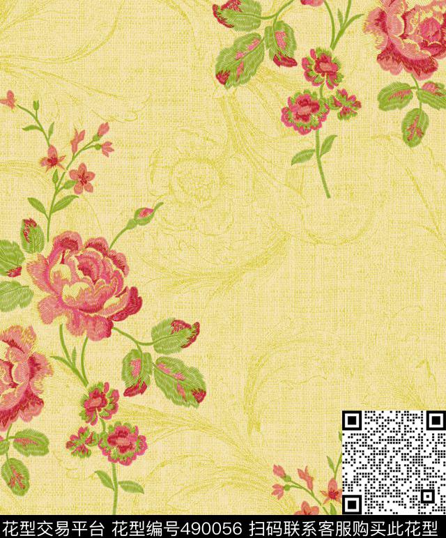 中式刺绣花卉 - 490056 - 中式 刺绣 花卉 - 传统印花花型 － 床品花型设计 － 瓦栏