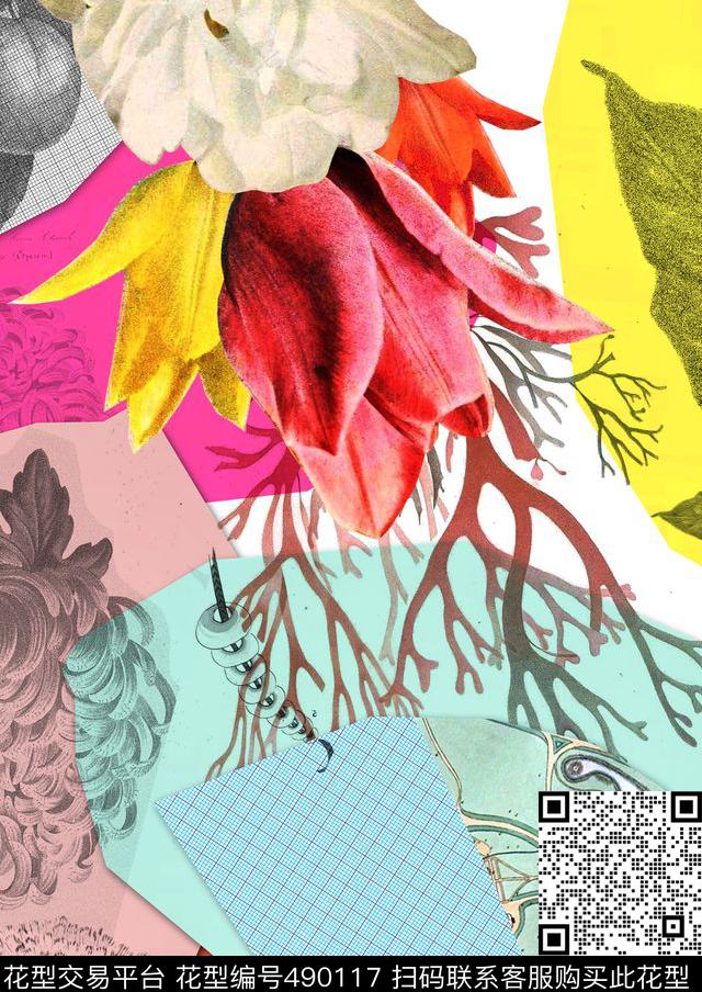 复古花卉几何数码印花花型下载（图片编号: 490117） - 瓦栏（Walan）