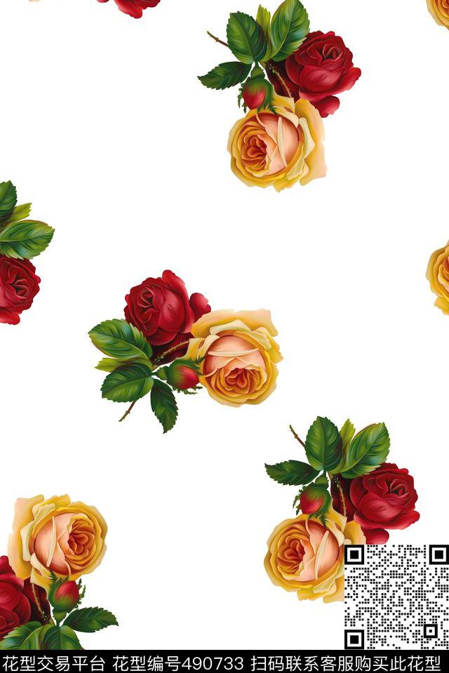 花卉玫瑰清爽数码印花花型下载（图片编号: 490733） - 瓦栏（Walan）