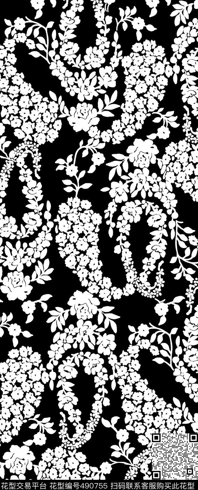 杜嘉班纳D&G黑白小花色块 - 490755 - D&G 杜嘉班纳 黑白小花 - 传统印花花型 － 女装花型设计 － 瓦栏