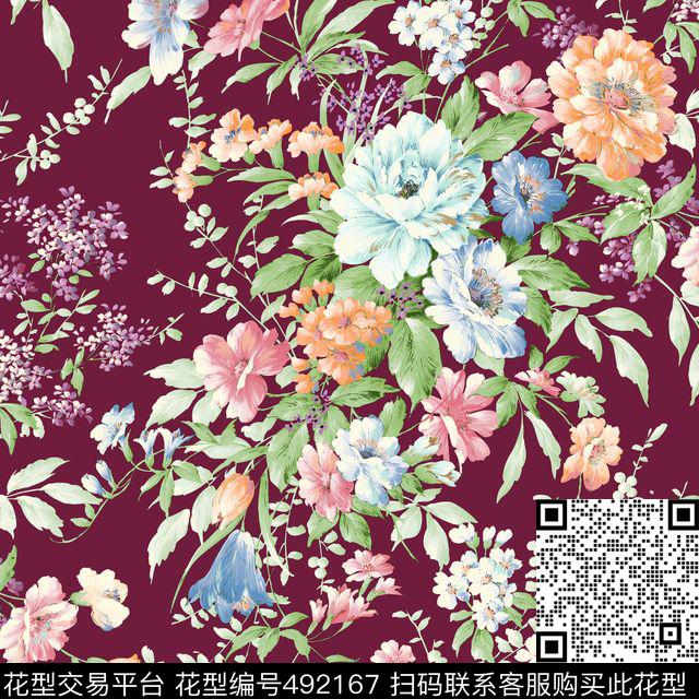 家纺软装墙纸布艺无缝套色花卉 - 492167 - 繁花似锦 多色套印 家纺墙纸 - 传统印花花型 － 床品花型设计 － 瓦栏