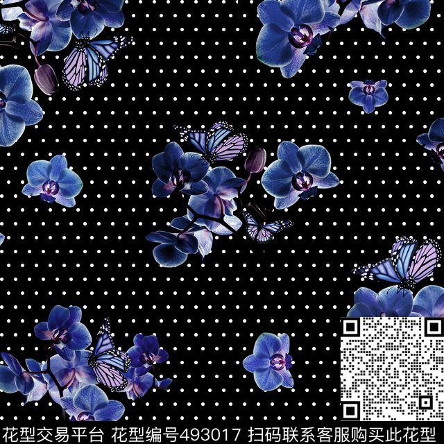 波点蝴蝶蝴蝶兰数码印花花型下载（图片编号: 493017） - 瓦栏（Walan）