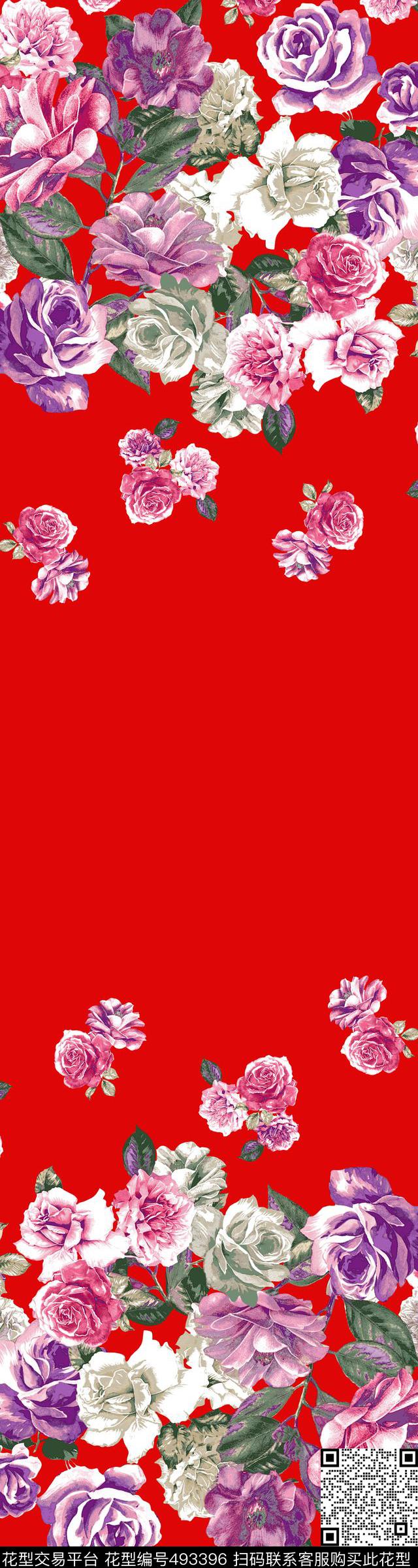 数码定位花卉玫瑰花花卉数码印花花型下载（图片编号: 493396） - 瓦栏（Walan）