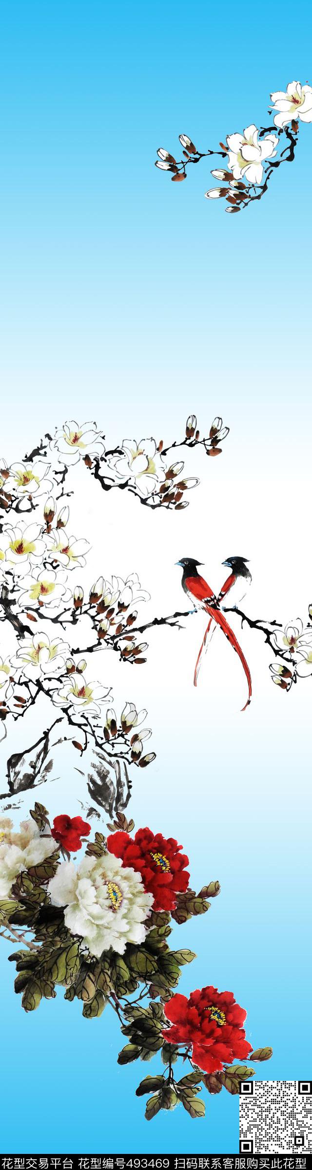 数码定位中国风花卉花卉数码印花花型下载（图片编号: 493469） - 瓦栏（Walan）