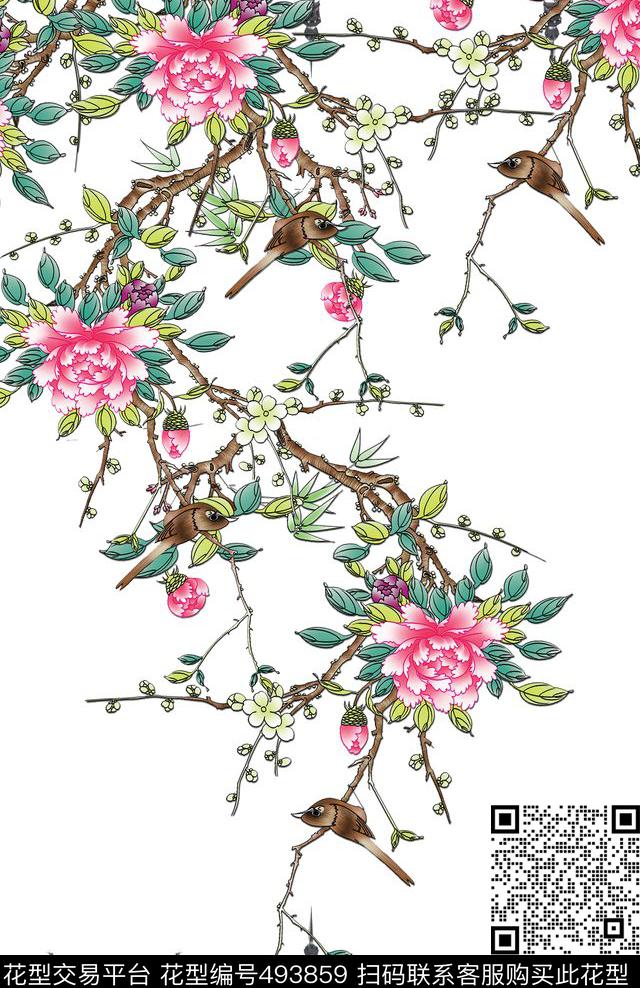 牡丹教堂中西结合数码印花花型下载（图片编号: 493859） - 瓦栏（Walan）