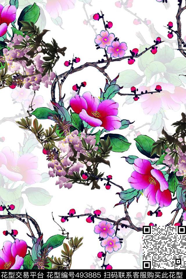 中国风花草花卉数码印花花型下载（图片编号: 493885） - 瓦栏（Walan）