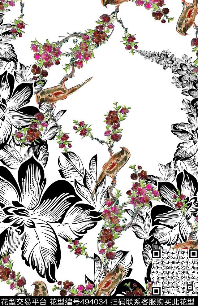 时尚花鸟定位数码印花花型下载（图片编号: 494034） - 瓦栏（Walan）