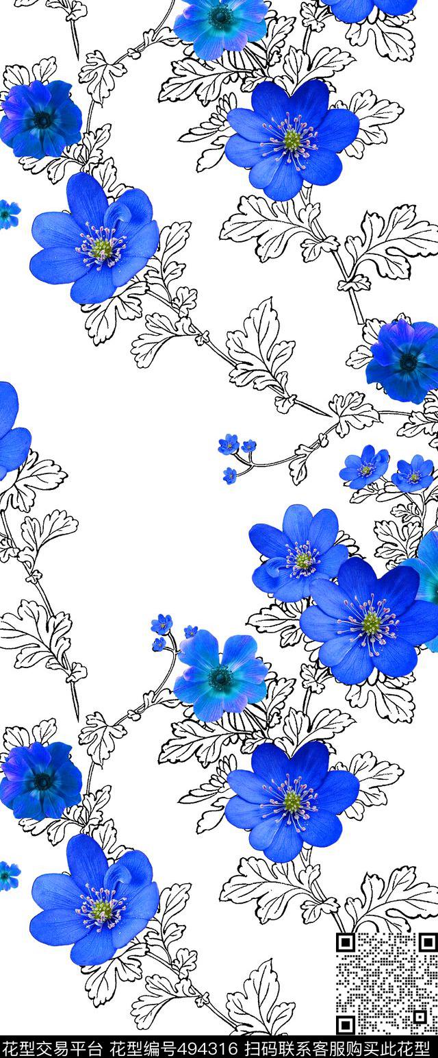 流行时尚欧美手绘枝蔓花卉数码印花花型下载（图片编号: 494316） - 瓦栏（Walan）