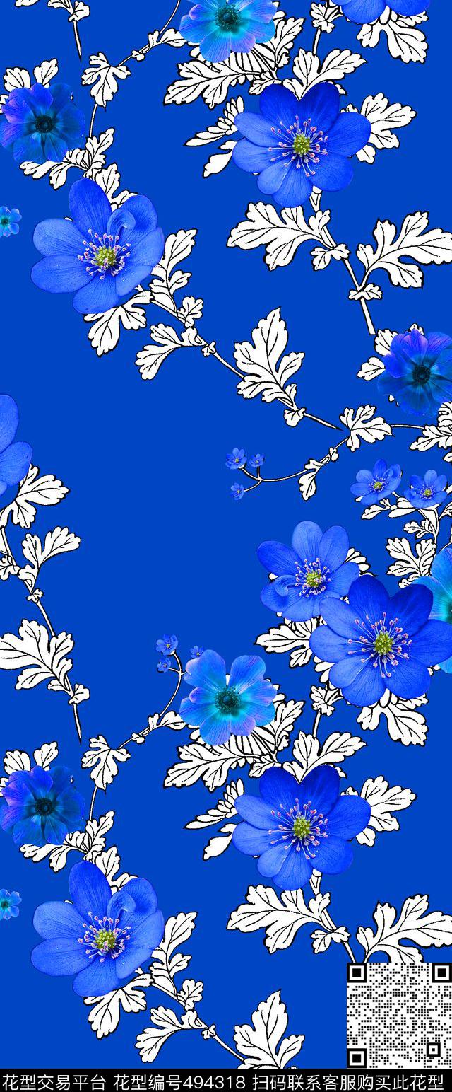 流行时尚欧美手绘枝蔓花卉数码印花花型下载（图片编号: 494318） - 瓦栏（Walan）