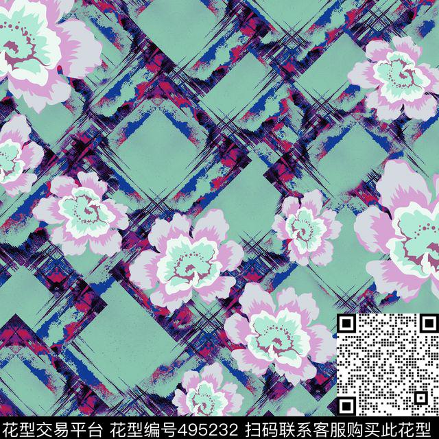 2016秋冬格子手绘花传统印花花型下载（图片编号: 495232） - 瓦栏（Walan）