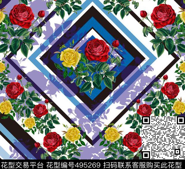 抱枕印花格子玫瑰花数码印花花型下载（图片编号: 495269） - 瓦栏（Walan）