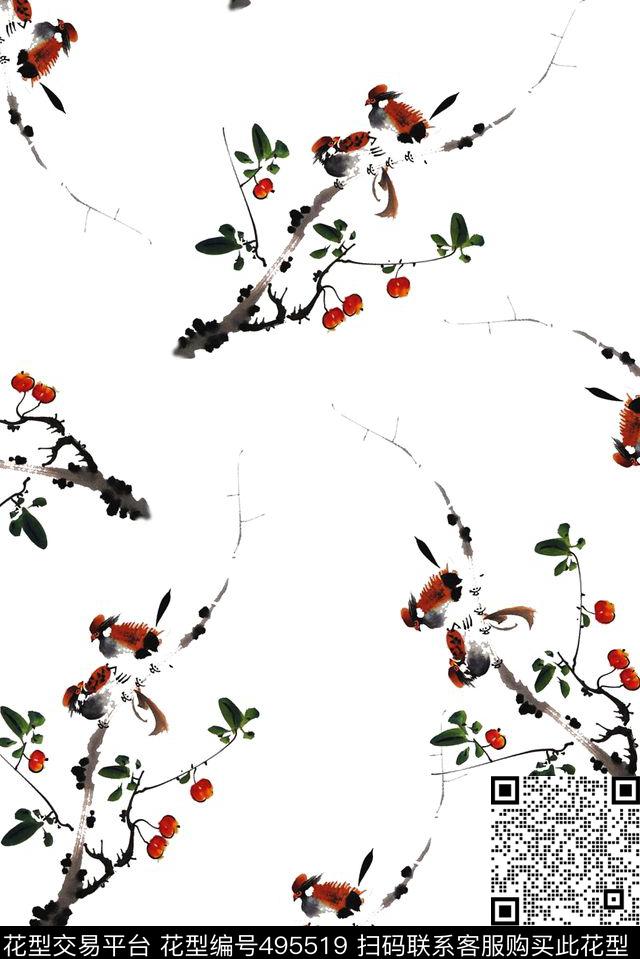 简洁水墨花鸟数码印花花型下载（图片编号: 495519） - 瓦栏（Walan）