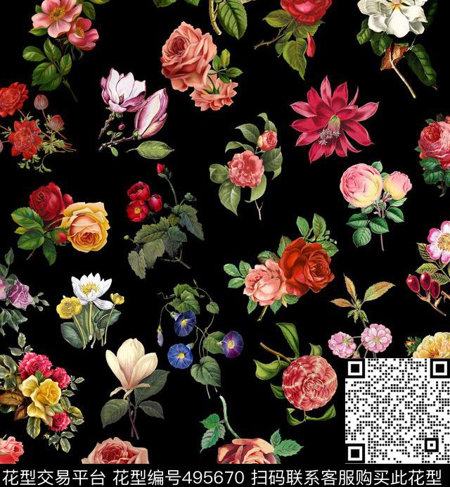 黑底花卉小碎花数码印花花型下载（图片编号: 495670） - 瓦栏（Walan）