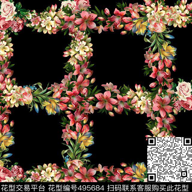 时尚格子花卉数码印花花型下载（图片编号: 495684） - 瓦栏（Walan）
