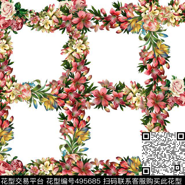 时尚格子花卉数码印花花型下载（图片编号: 495685） - 瓦栏（Walan）