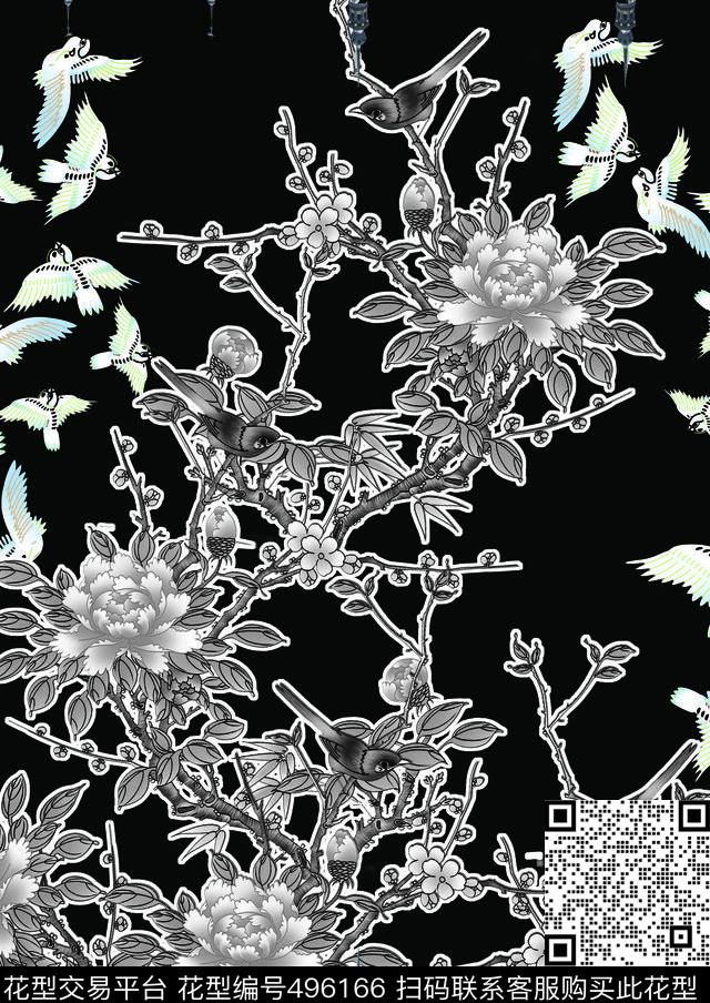 古典花鸟山水数码印花花型下载（图片编号: 496166） - 瓦栏（Walan）