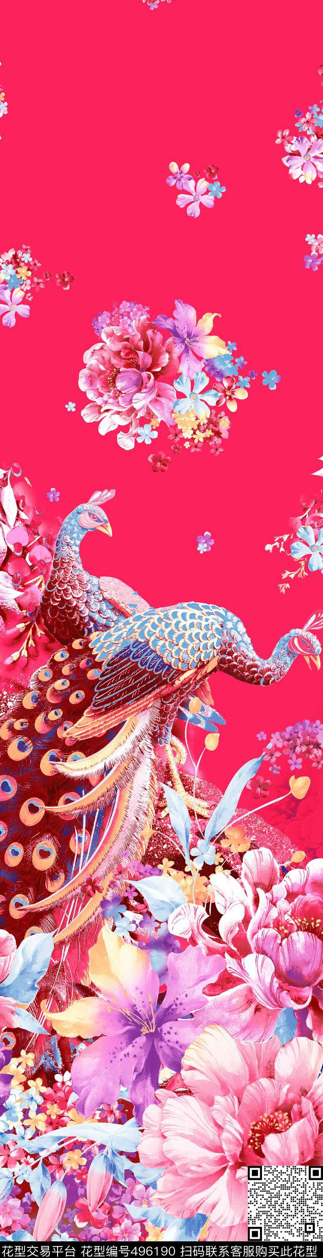 艺术家纺系列 - 496190 - 时尚 花卉 孔雀 - 数码印花花型 － 床品花型设计 － 瓦栏