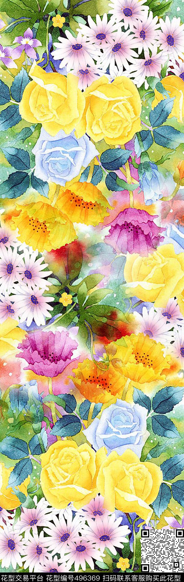 数码定位花卉水彩围巾数码印花花型下载（图片编号: 496369） - 瓦栏（Walan）