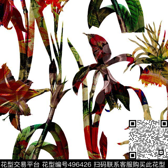 五彩热带花卉数码印花花型下载（图片编号: 496426） - 瓦栏（Walan）