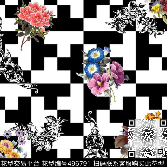 欧式几何花卉数码印花花型下载（图片编号: 496791） - 瓦栏（Walan）